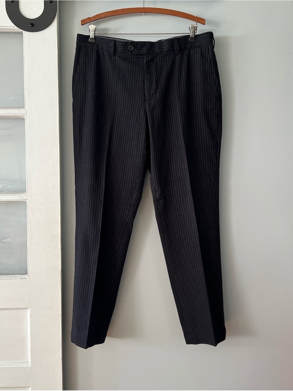 Brooks Brothers Milano Dress Pants Mens 35x30 Black Pinstripe Cotton Wool Preppy